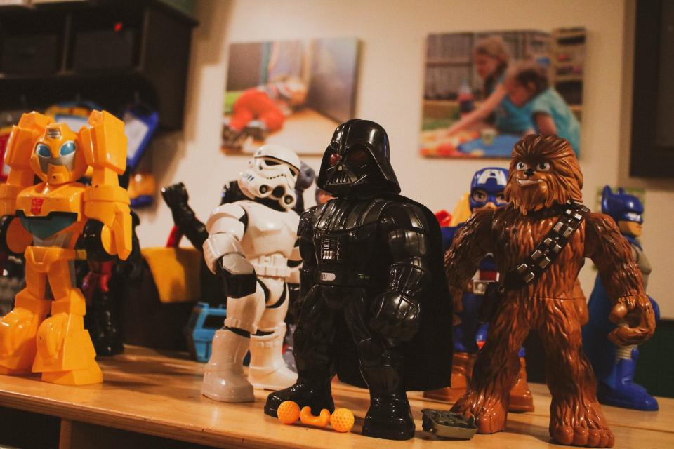 "Star Wars" themed toys sit on a shelf downstairs at Eagle Wings Daycare.