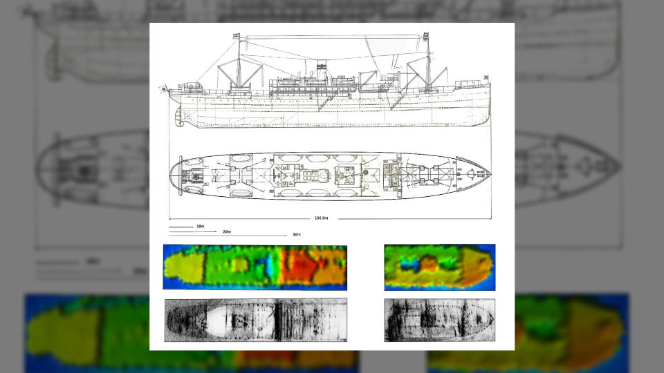 A diagram of the ship is laid next to the digital 3D images of it from sonar on the seafloor.