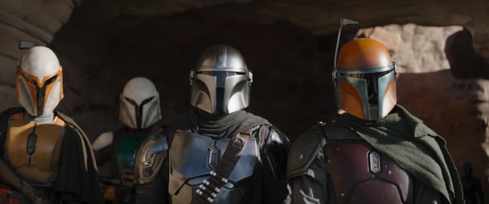 The Mandalorian (Pedro Pascal, third from left) in The Mandalorian S3 (Lucasfilm)