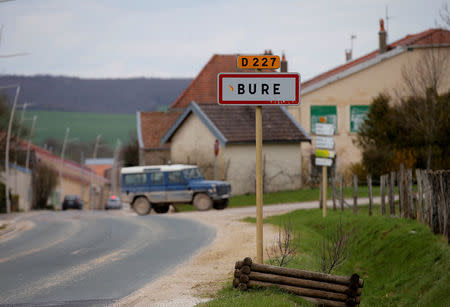 The city sign is seen at the entrance of the village in Bure, France, April 5, 2018. REUTERS/Vincent Kessler