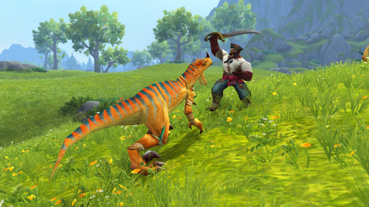  A World of Warcraft Orc pirate fighting off a raptor in a grassy zone. 