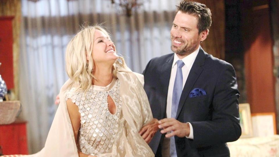 Sharon Case and Joshua Morrow as Sharon and Nick laughing together in The Young and the Restless