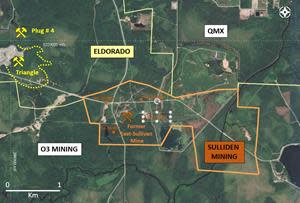 Claim map showing the Property, drill hole locations and neighboring claim positions. Note the underground extension of the Triangle operation in dashed line.