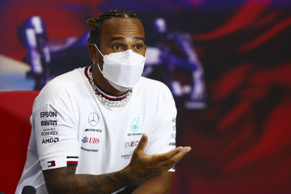 Mercedes driver Lewis Hamilton of Britain attends the Formula One Bahrain Grand Prix press conference in Sakhir, Bahrain, Thursday, March 25,2021. (Dan Istitene, Pool via AP)