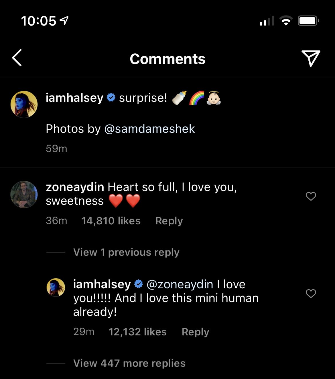 Halsey and Alev Aydin express excitement in the comments section. (Photo: Instagram) 