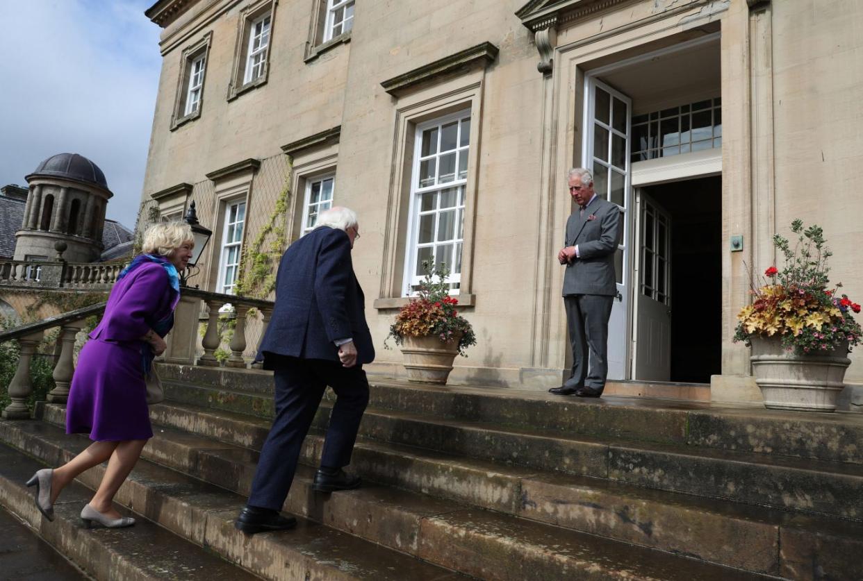 The Prince of Wales, known as the Duke of Rothesay in Scotland, with the President of Ireland Michael D Higgins and his wife Sabina in the Yellow Room at Dumfries House in East Ayrshire (Andrew Milligan/PA)