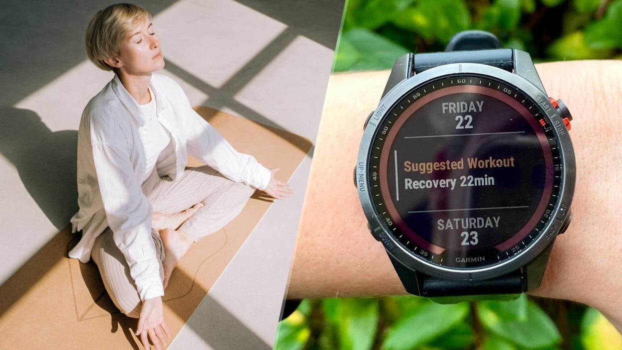  Right image Garmin watch on wrist, left image woman seated breathing exercise. 