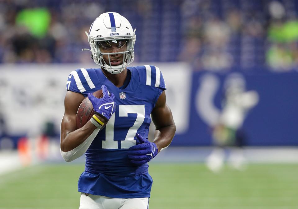 Indianapolis Colts wide receiver Mike Strachan (17) warms up Sunday, Sept. 12, 2021, before the regular season opener against the Seattle Seahawks at Lucas Oil Stadium in Indianapolis.