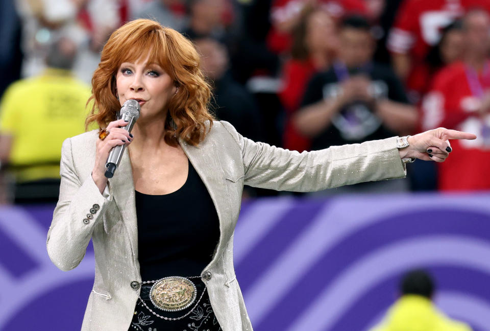 Reba McEntire performs the national anthem during the Super Bowl LVIII Pregame at Allegiant Stadium on February 11, 2024 in Las Vegas, Nevada.  / Credit: Kevin Mazur/Getty Images for Roc Nation