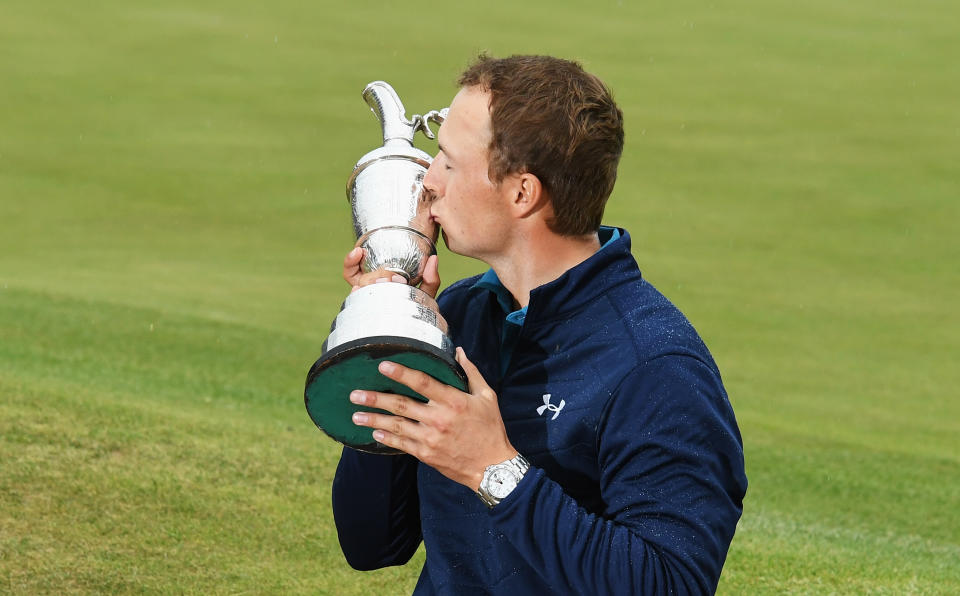 Jordan Spieth lifts the Claret Jug during the final round of the 146th Open Championship at Royal Birkdale on July 23, 2017 in Southport, England.