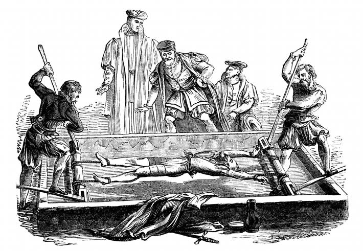 An engraved illustration image of a victim being tortured on a medieval middle ages rack