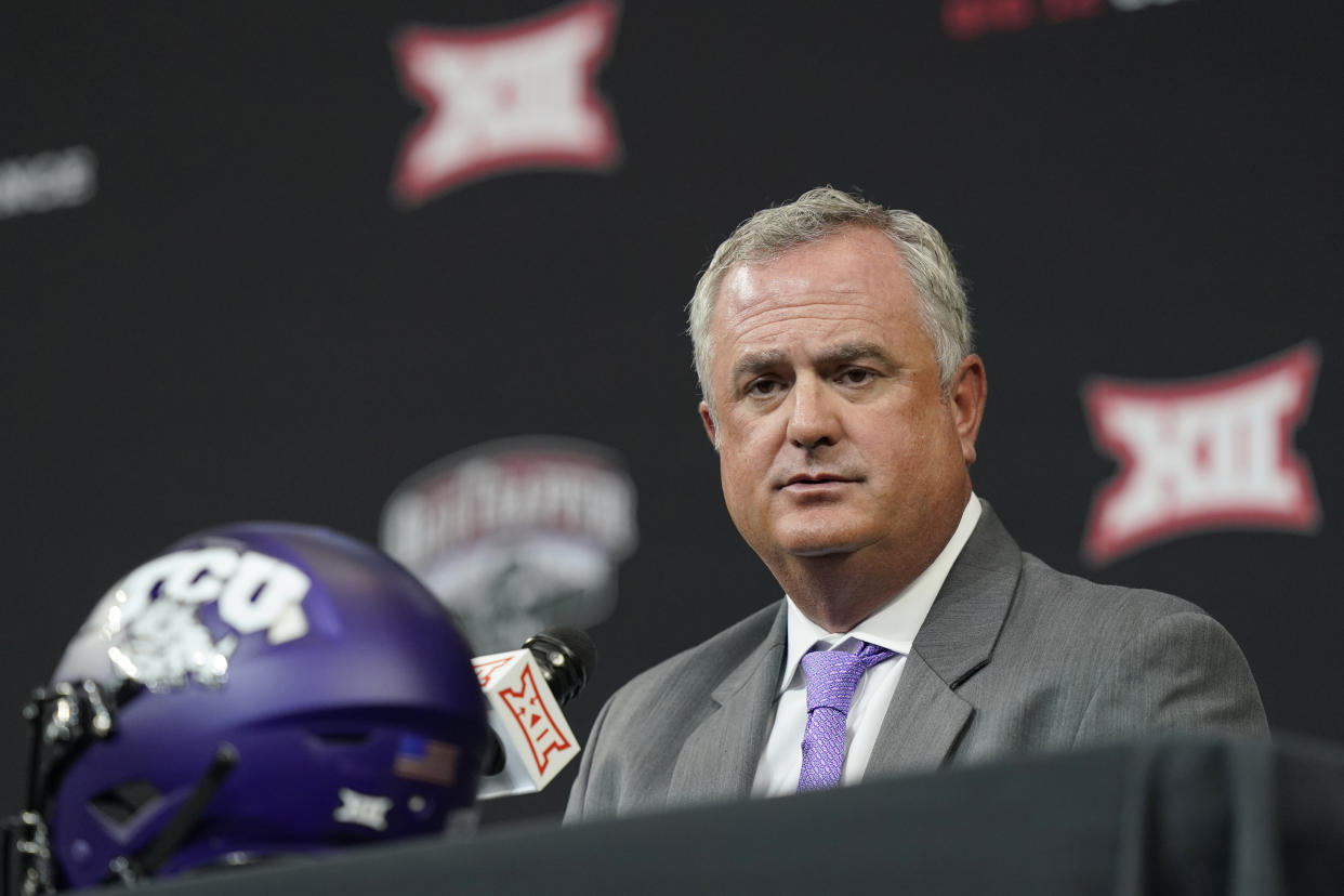 TCU coach Sonny Dykes speaks to reporters at the NCAA college football Big 12 media days in Arlington, Texas, Thursday, July 14, 2022. (AP Photo/LM Otero)