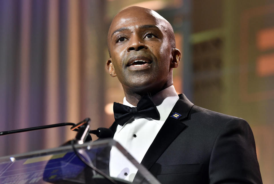 Human Rights Campaign President Alphonso David at the 37th annual HRC New England dinner on Saturday, Nov. 23, 2019 in Boston. The HRC New England dinner brings hundreds of LGBTQ advocates and allies together for an evening of celebration across greater New England.(Josh Reynolds/AP Images for Human Rights Campaign)