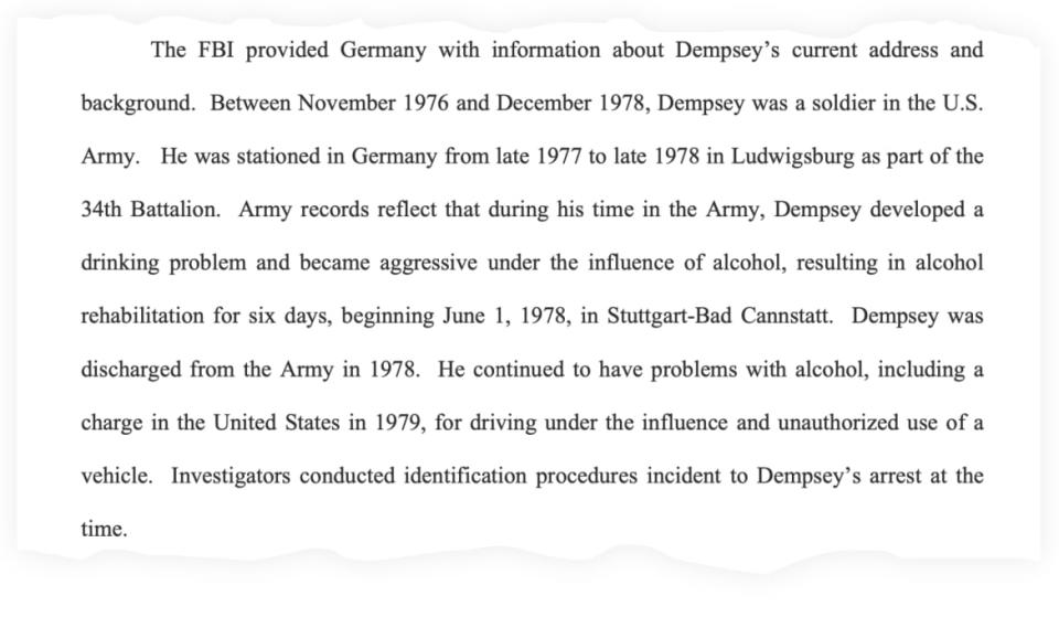 A snippet from the extradition complaint against James Patrick Dempsey.