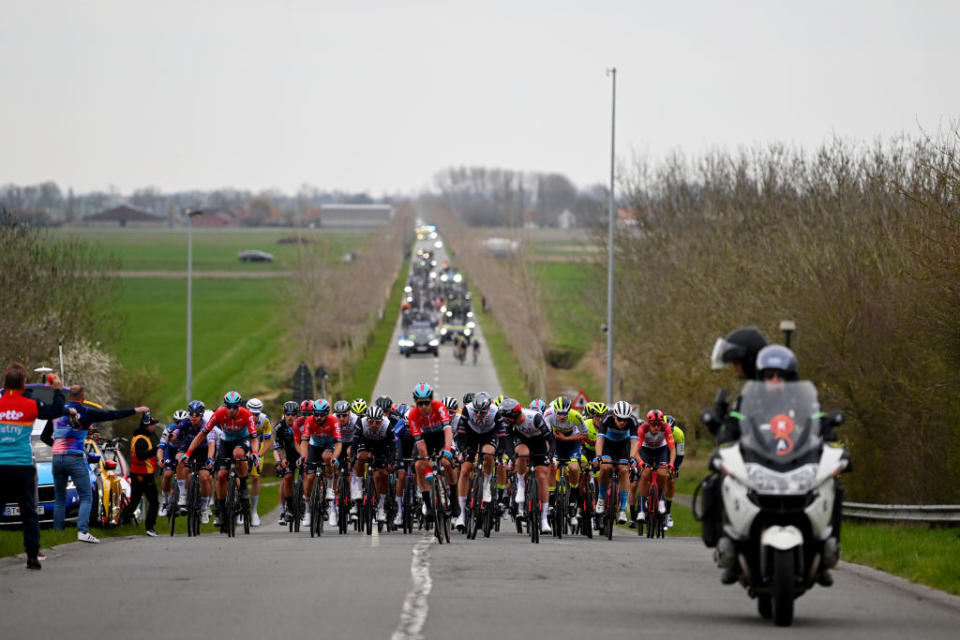 KOKSIJDE BELGIUM  MARCH 17 A general view of the peloton competing during the 21th Bredene Koksijde Classic 2023 a 1916km one day race from Bredene to Koksijde on March 17 2023 in Koksijde Belgium Photo by Luc ClaessenGetty Images