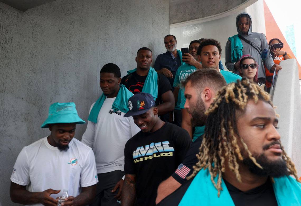 The Miami Dolphins rookie class participates in a historic walking tour of Downtown Miami with local community groups on Wednesday, June 15, 2022, beginning with tour leaders at the History Miami Museum.