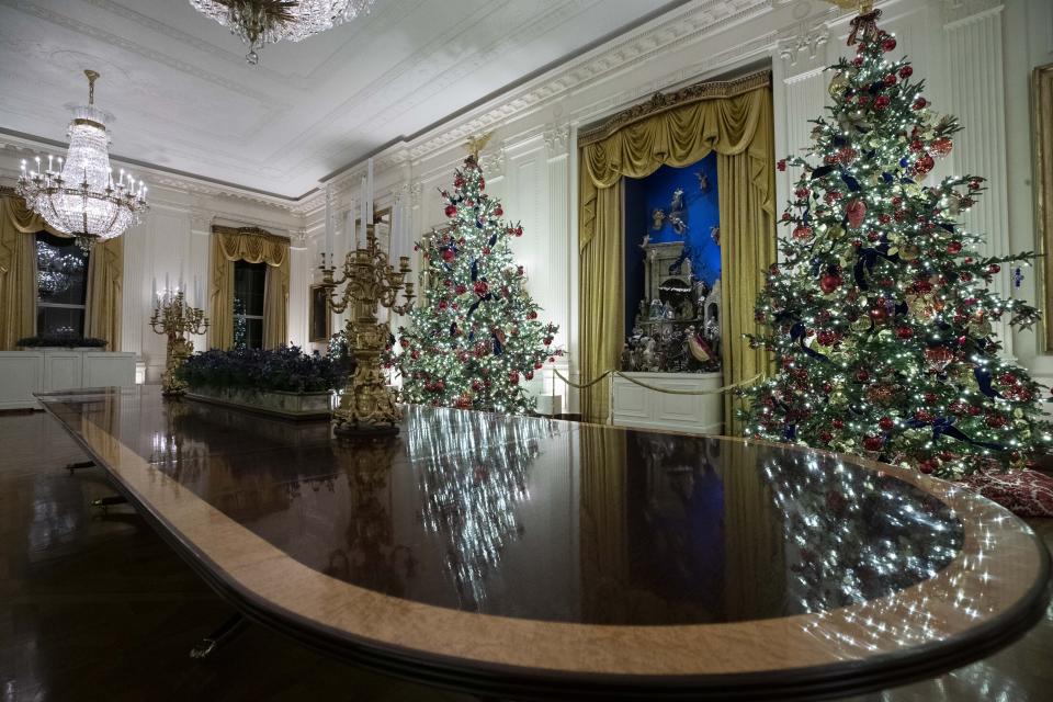 The East Room is decorated during the 2019 Christmas preview at the White House, Monday, Dec. 2, 2019, in Washington. (AP Photo/Alex Brandon)