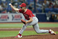 Los Angeles Angels relief pitcher Ben Joyce delivers to the Tampa Bay Rays during the sixth inning of a baseball game Tuesday, Sept. 19, 2023, in St. Petersburg, Fla. (AP Photo/Chris O'Meara)