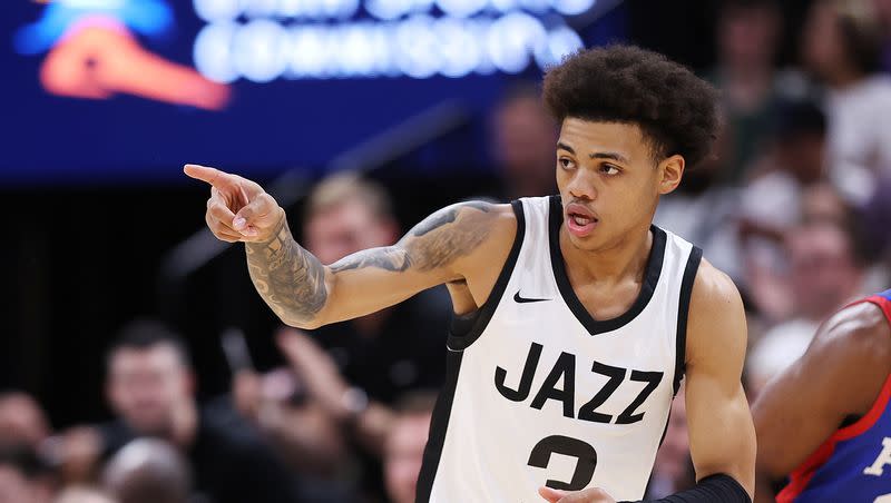 Utah Jazz guard Keyonte George (3) points to a teammate after draining a 3-point shot as the Utah Jazz and Philadelphia 76ers play in Summer League action at the Delta Center in Salt Lake City on Wednesday, July 5, 2023.