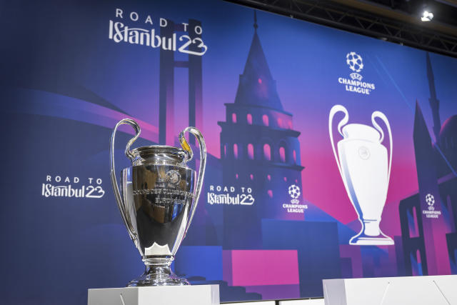 The trophy is displayed ahead of the draw for the UEFA soccer Champions League quarter-finals at the UEFA Headquarters in Nyon, Switzerland, Friday, March 17, 2023. (Martial Trezzini/Keystone via AP)