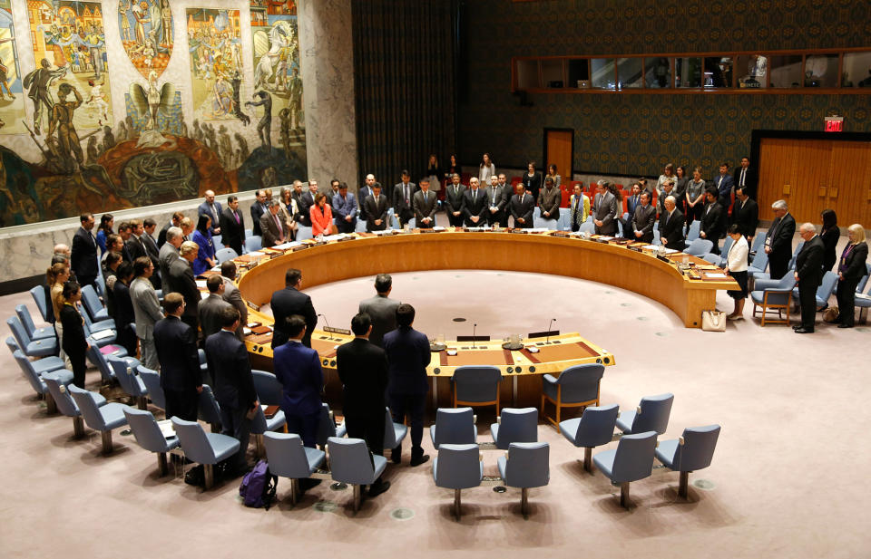 <p>Members of the united Nations Security Council observe a moment of silence for the victims of the terrorist attack in Manchester, England, before a meeting at U.N. headquarters, Tuesday, May 23, 2017. (AP Photo/Seth Wenig) </p>