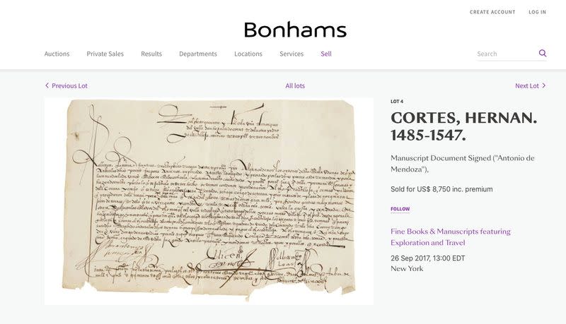 A screenshot shows the webpage of London-based auction house Bonhams, displaying an advertisement for the sale of a document, dated October 20, 1542, detailing a legal dispute between Hernan Cortes and his mines administrator Pedro de Castilleja