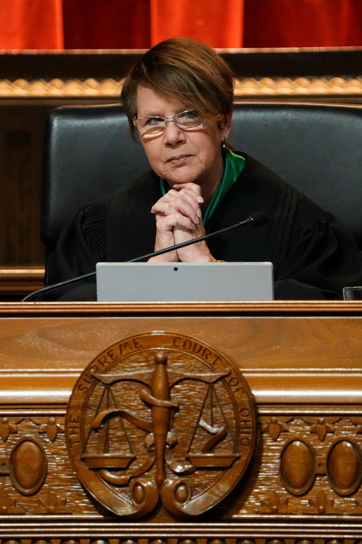 Feb 7, 2023; Columbus, OH, United States;  Ohio Supreme Court Chief Justice Sharon Kennedy listens to oral arguments. Mandatory Credit: Adam Cairns-The Columbus Dispatch