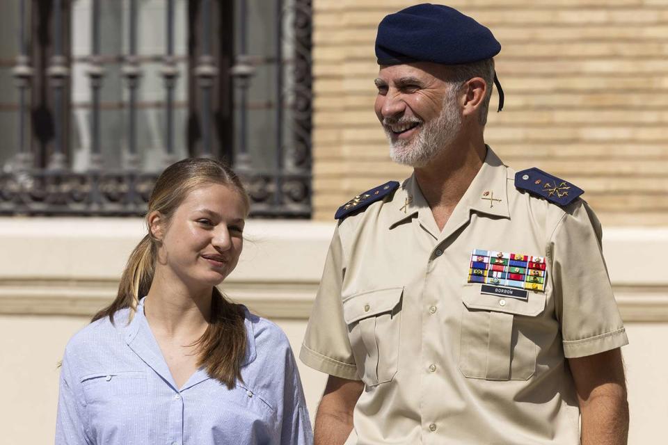 <p>Toni Galan/Getty Images</p> Princess Leonor and King Felipe at the General Military Academy of Zaragoza.