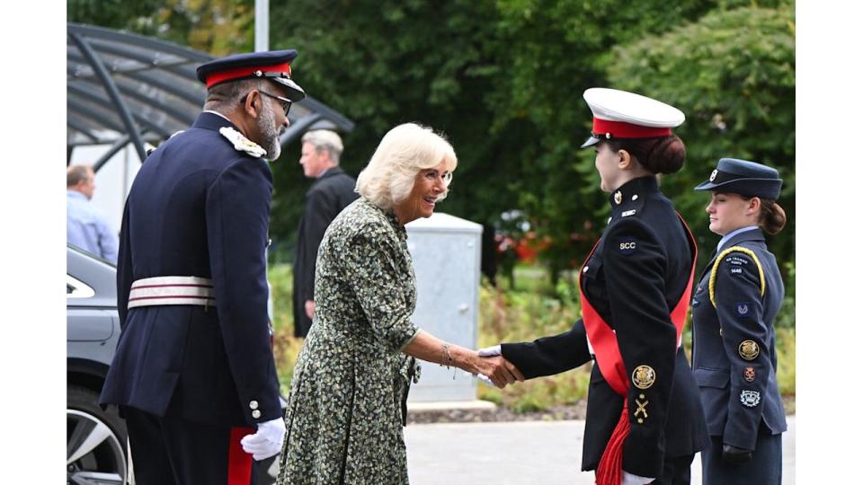 queen camilla shaking hands with someone