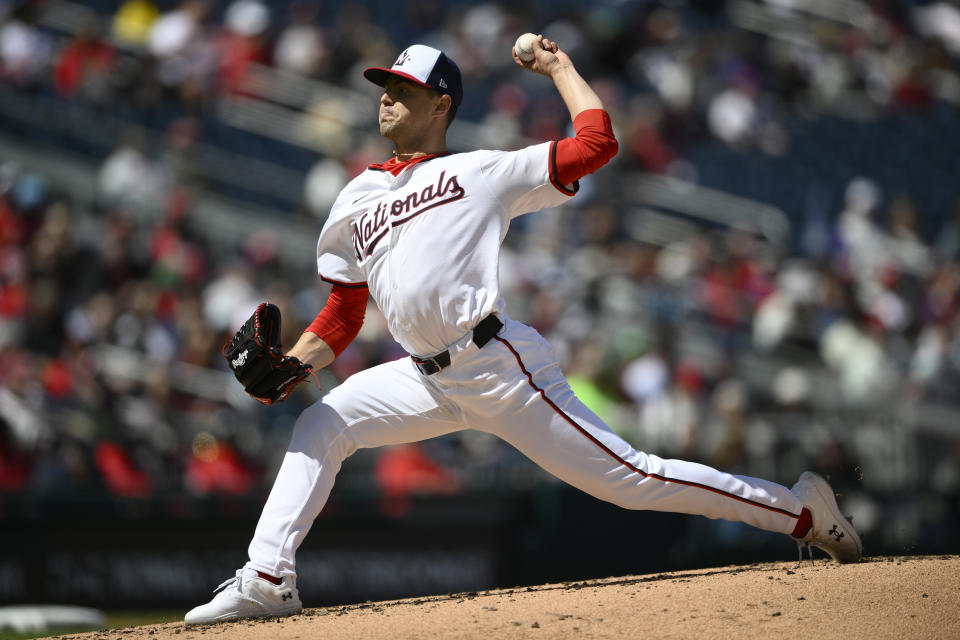 Washington Nationals pitcher MacKenzie Gore throws during the second inning of a baseball game against the Philadelphia Phillies, Sunday, April 7, 2024, in Washington. (AP Photo/Nick Wass)