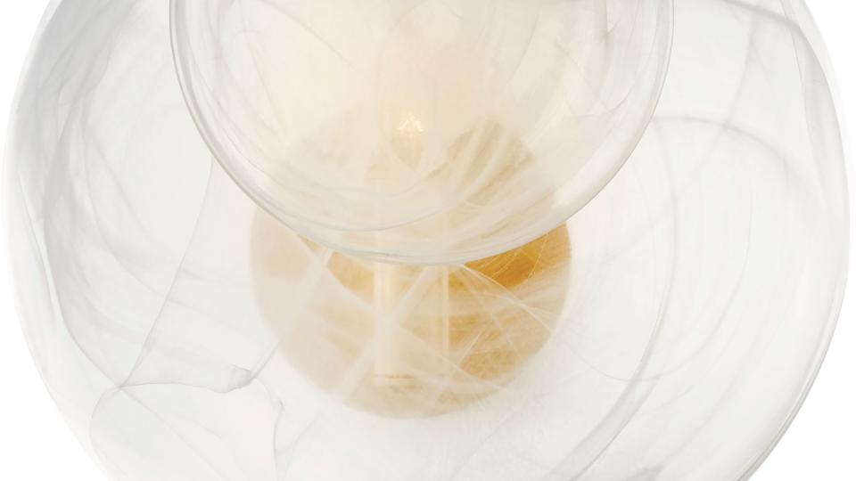 glass etched round sconce with a gold ball at center