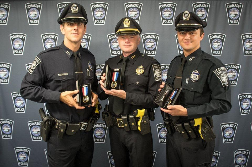 Cohasset Police Lt. Gregory Lennon (center) is pictured with Officers Alexander Stotik (left) and Aaron Bates (right) at a ceremony in September. Lennon will lead the ABLE training for the Cohasset Police Department.