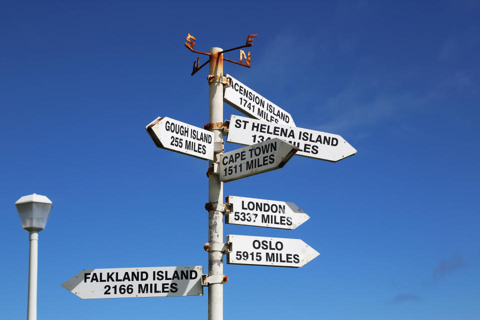 A signpost on Tristan da Cunha shows the distances to other destinations. (David Forman / Getty Images)