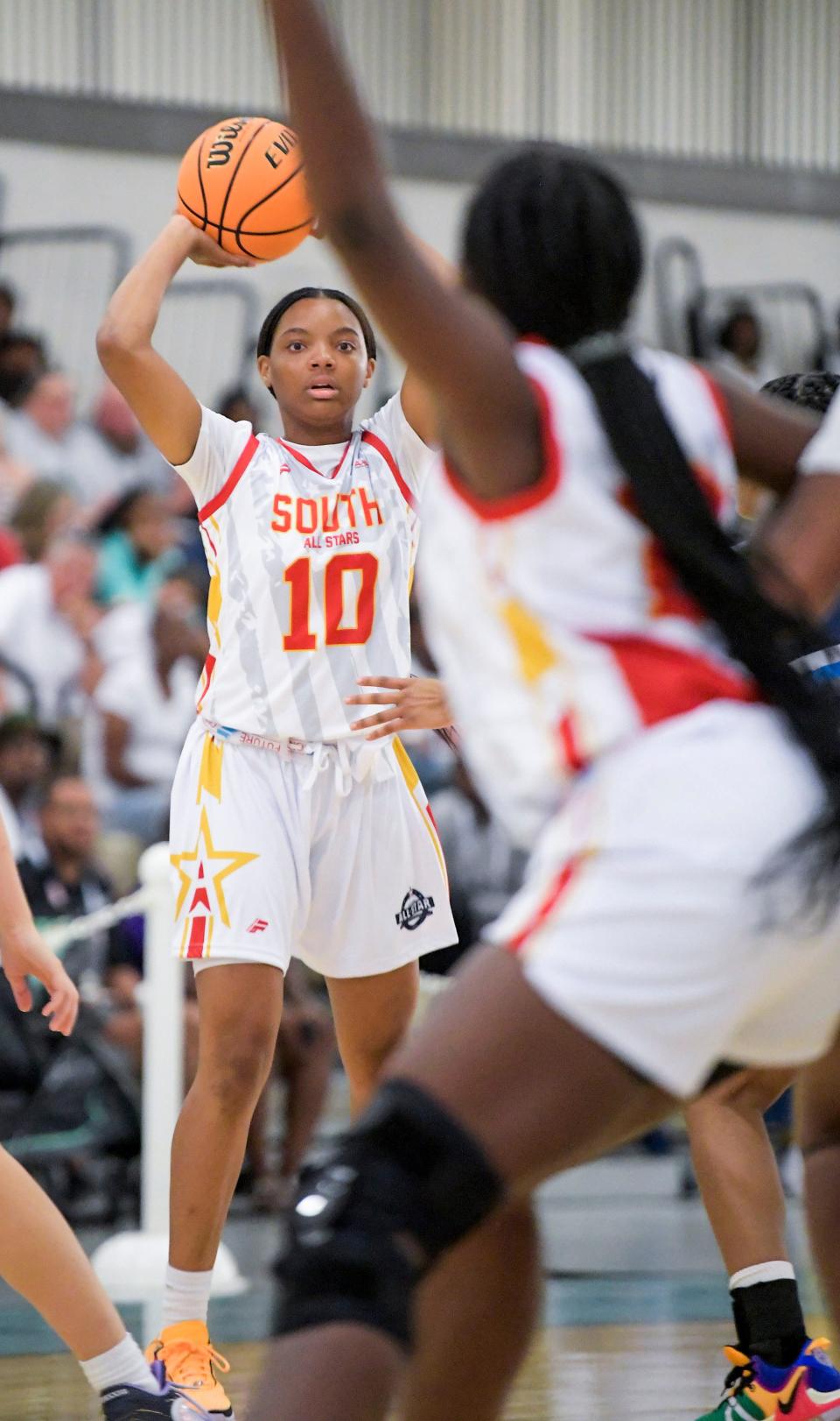 South’s Erin Martin (10) passes during the AHSAA North-South All-Star Week girls basketball game at Riverwalk Stadium in Montgomery, Ala., on Tuesday July 18, 2023.