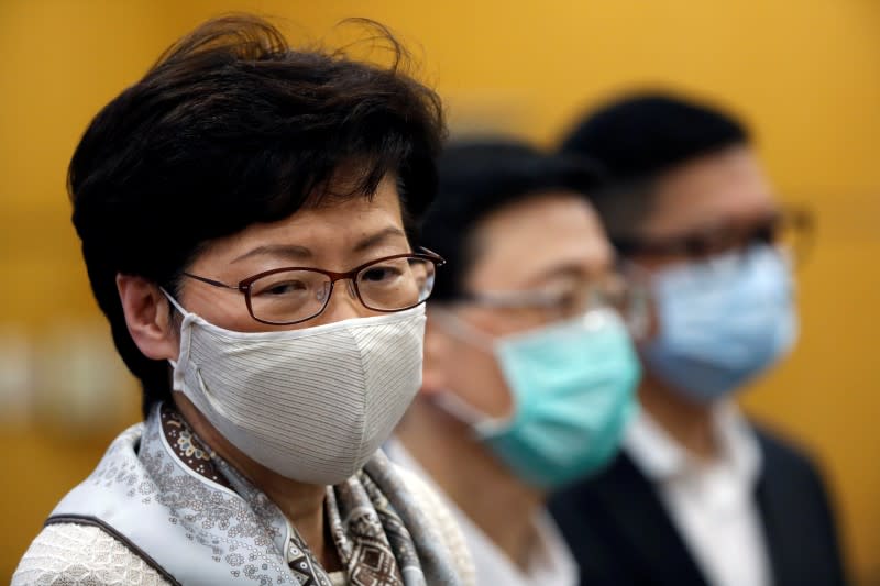 Hong Kong Chief Executive Carrie Lam holds a news conference in Beijing