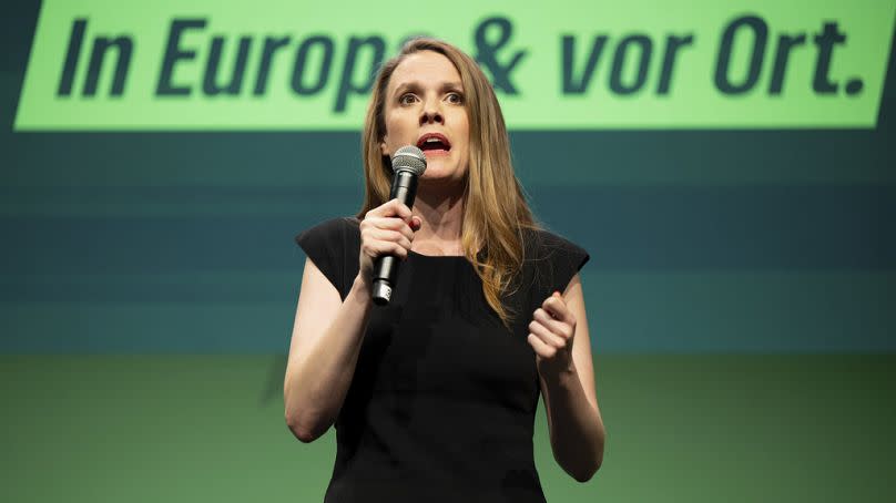 Terry Reintke, German and European lead candidate of the German Green party for the 2024 European elections, speaks at a party convention in Potsdam, Germany, 1 June 2024. 