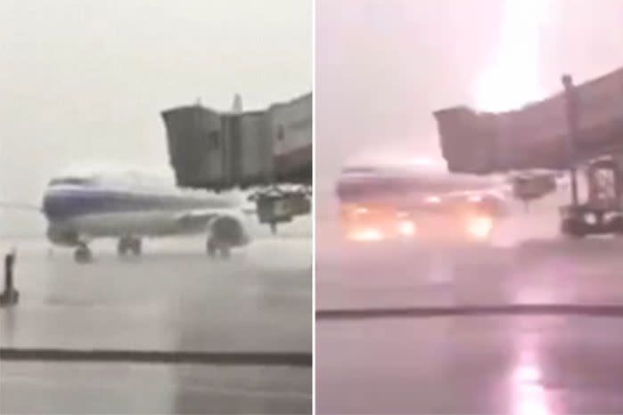 L: Moments before the lightning strike hit. R: Lightning hits the plane at the Chinese international airport. Photos: CCTV News.