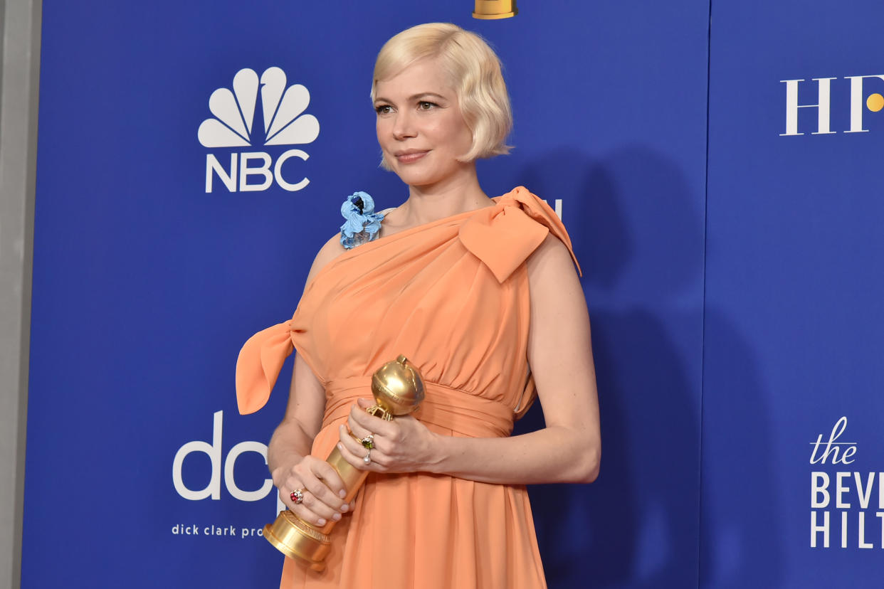 BEVERLY HILLS, CALIFORNIA - JANUARY 05: Michelle Williams attends The 77th Golden Globes Awards - Press Room at The Beverly Hilton Hotel on January 05, 2020 in Beverly Hills, California. (Photo by David Crotty/Patrick McMullan via Getty Images)