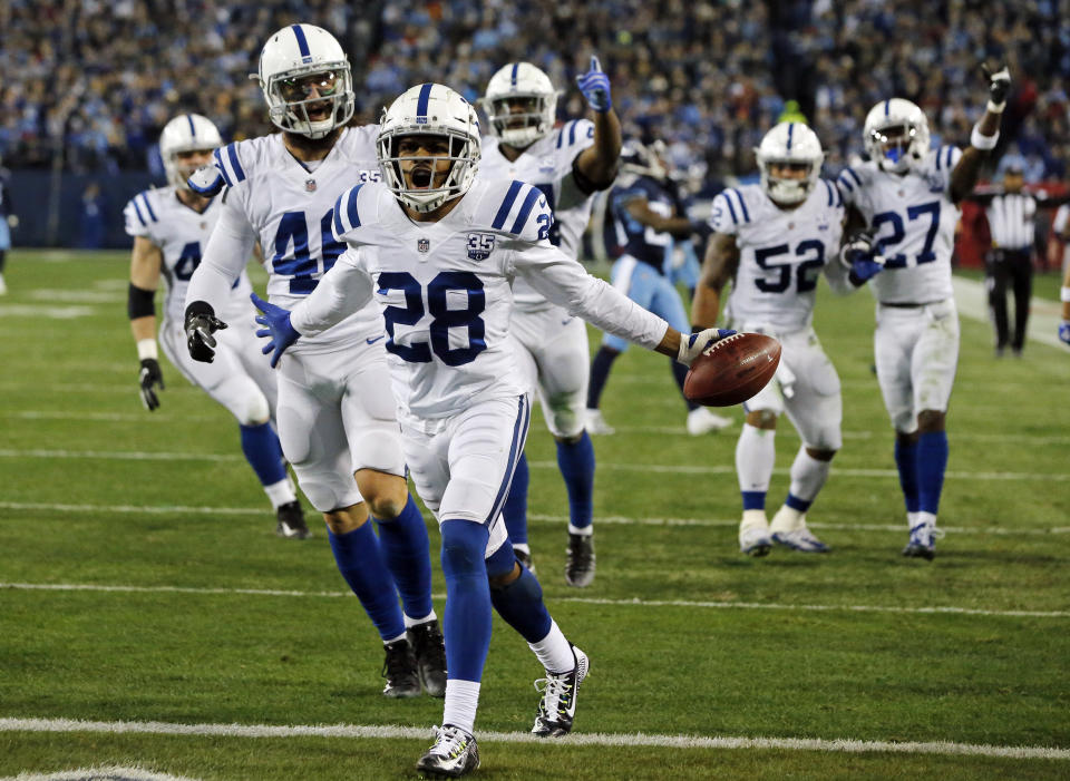 Indianapolis Colts cornerback Chris Milton (28) celebrates after recovering a punt fumbled by the Tennessee Titans in the first half of an NFL football game Sunday, Dec. 30, 2018, in Nashville, Tenn. (AP Photo/James Kenney)