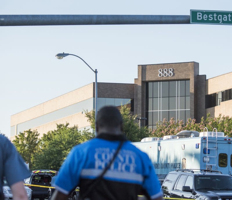 Police respond outside the scene of a shooting at the Capital Gazette building in Annapolis, Md., on June 28, 2018. File Photo by Jay Fleming/EPA-EFE