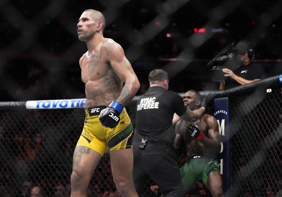 NEW YORK, NEW YORK - NOVEMBER 12: Brazil's Alex Pereira reacts after TKO victory over Nigeria's Israel Adesanya for the UFC Middleweight Championship during UFC 281 at Madison Square Garden on November 12, 2022 at New York.  (Photo by Chris Unger/Zuffa LLC)