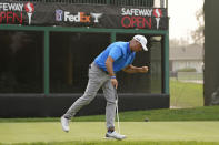 Stewart Cink reacts after making a birdie putt on the 18th green of the Silverado Resort North Course during the final round of the Safeway Open PGA golf tournament Sunday, Sept. 13, 2020, in Napa, Calif. Cink won the tournament after shooting a 7-under-par 65 to finish at total 21-under-par. (AP Photo/Eric Risberg)