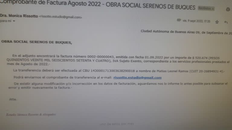 El intercambio por mail de los gestores de la obra social del gremio Serenos de Buque con el estudio jurídico de Mónica Rissotto, funcionaria del Ministerio de Trabajo