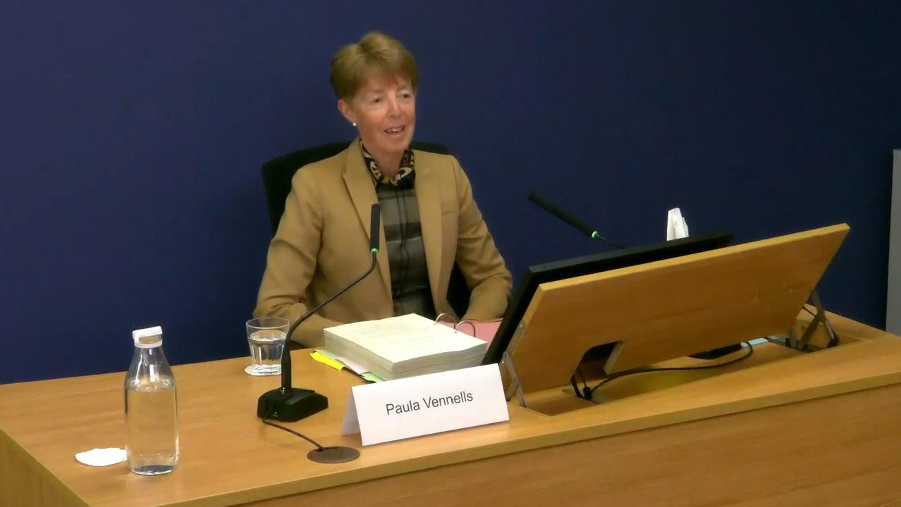 Screen grab taken from the Post Office Horizon IT Inquiry of former Post Office boss Paula Vennells on her second day of giving evidence to the inquiry at Aldwych House, central London, as part of phases five and six of the probe, which is looking at governance, redress and how the Post Office and others responded to the scandal. Picture date: Thursday May 23, 2024. PA Photo. See PA story INQUIRY Horizon. Photo credit should read: Post Office Horizon IT Inquiry/PA Wire 

NOTE TO EDITORS: This handout photo may only be used for editorial reporting purposes for the contemporaneous illustration of events, things or the people in the image or facts mentioned in the caption. Reuse of the picture may require further permission from the copyright holder. 