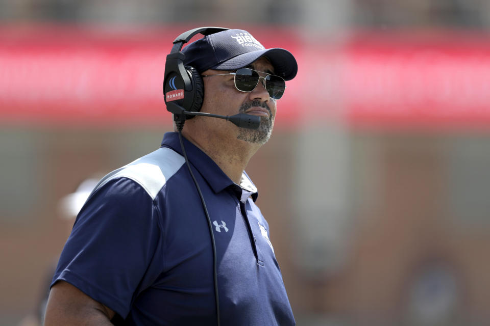 Howard head coach Ron Prince looks on during the first half of an NCAA college football game against Maryland, Saturday, Aug. 31, 2019, in College Park, Md. (AP Photo/Julio Cortez)