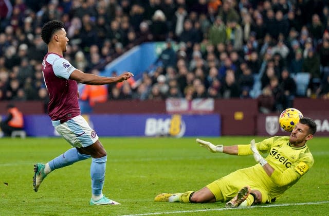 Ollie Watkins, left, scores but the goal is ruled out for offside