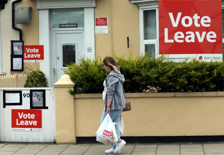 A woman walks past a house where "Vote Leave" boards are displayed in Redcar, north east England on June 27, 2016