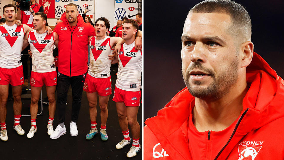 Buddy Franklin is pictured wearing a tracksuit as the Swans sing the team song on the left, with a headshot on the right.