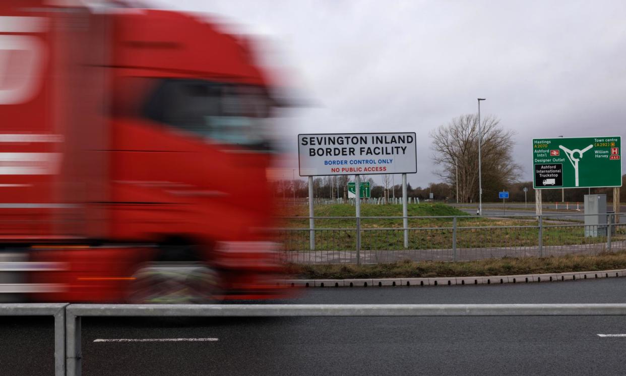 <span>The charges are levied on goods coming through Dover port or the Channel tunnel to cover the costs of the Sevington control facility in Kent.</span><span>Photograph: Dan Kitwood/Getty</span>