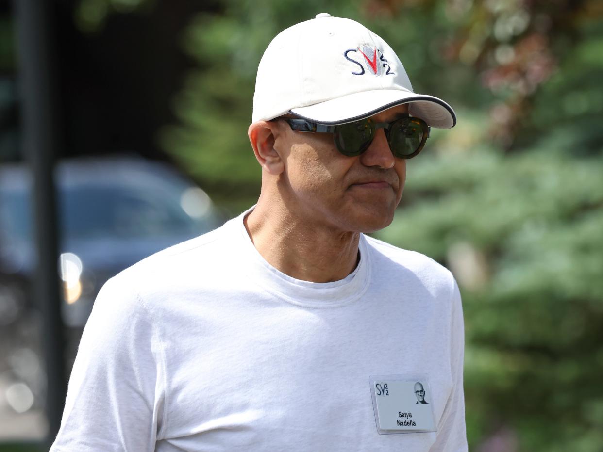 Satya Nadella, CEO of Microsoft, walks to lunch during the Allen & Company Sun Valley Conference on July 07, 2022 in Sun Valley, Idaho. The world's most wealthy and powerful businesspeople from the media, finance, and technology will converge at the Sun Valley Resort this week for the exclusive conference.